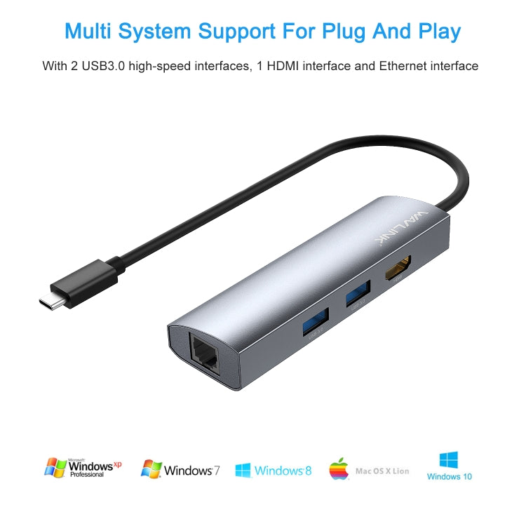 WAVLINK WL-UHP3408 USB HUB Adapter 4-in-1 Type-C to HD + 2xUSB3.0 + Gigabit RJ45 Docking Station