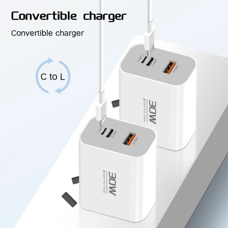 PD30W USB-C / Type-C + 8 Pin + USB-A Reverse Charger Suitable for iPhone Series