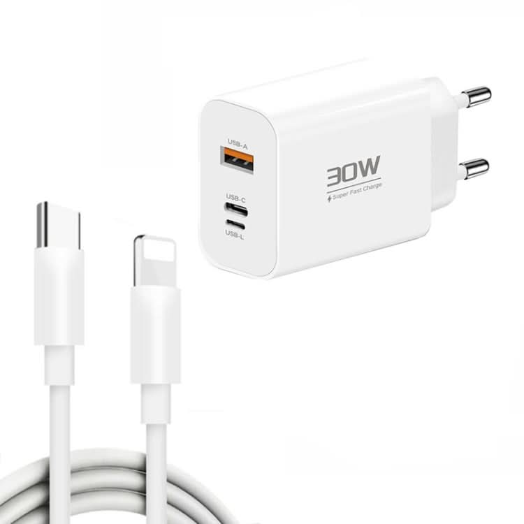 PD30W USB-C / Type-C + 8 Pin + USB Charger with Type-C to 8 Pin Date Cable