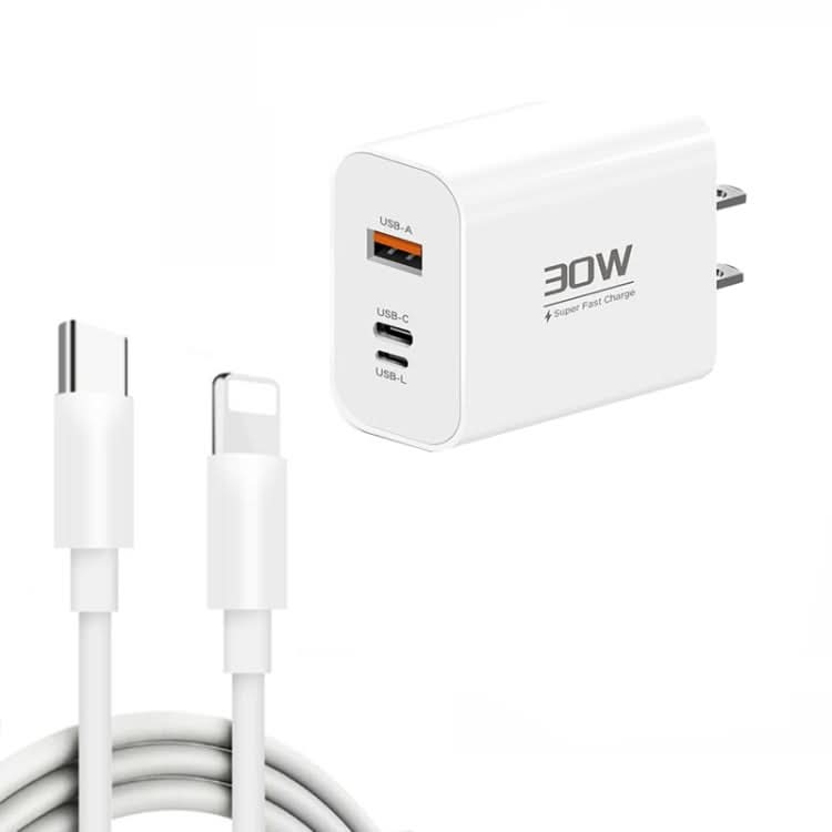 PD30W USB-C / Type-C + 8 Pin + USB Charger with Type-C to 8 Pin Date Cable