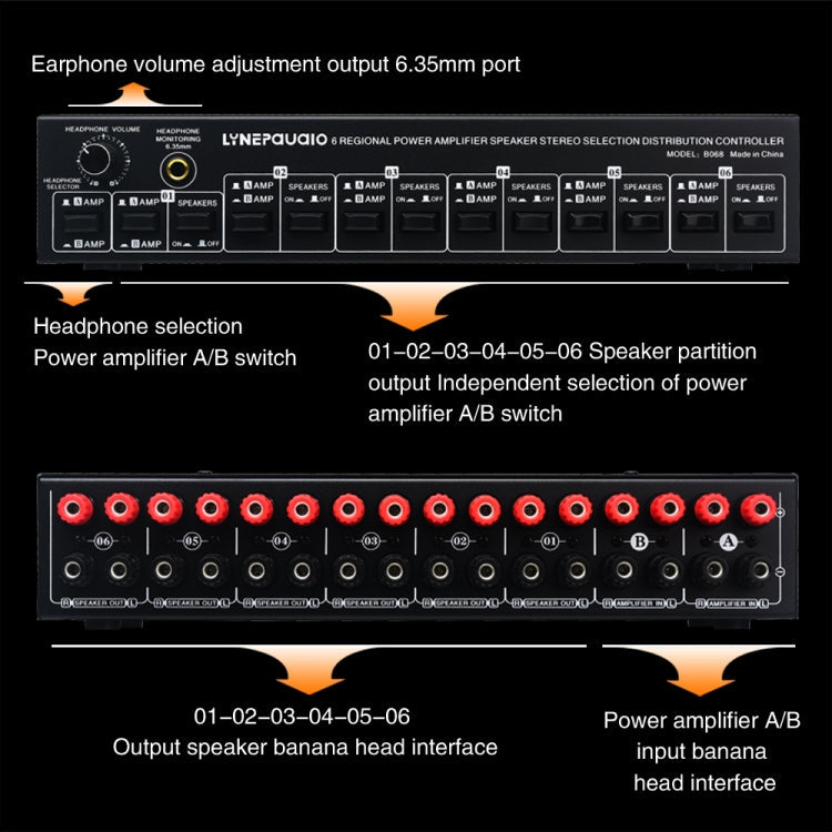 2 In 6 Out Power Amplifier Speaker Selector 6 Region Stereo Speaker Switcher