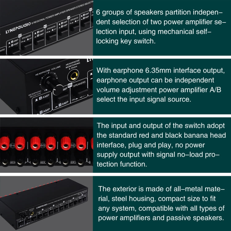 2 In 6 Out Power Amplifier Speaker Selector 6 Region Stereo Speaker Switcher