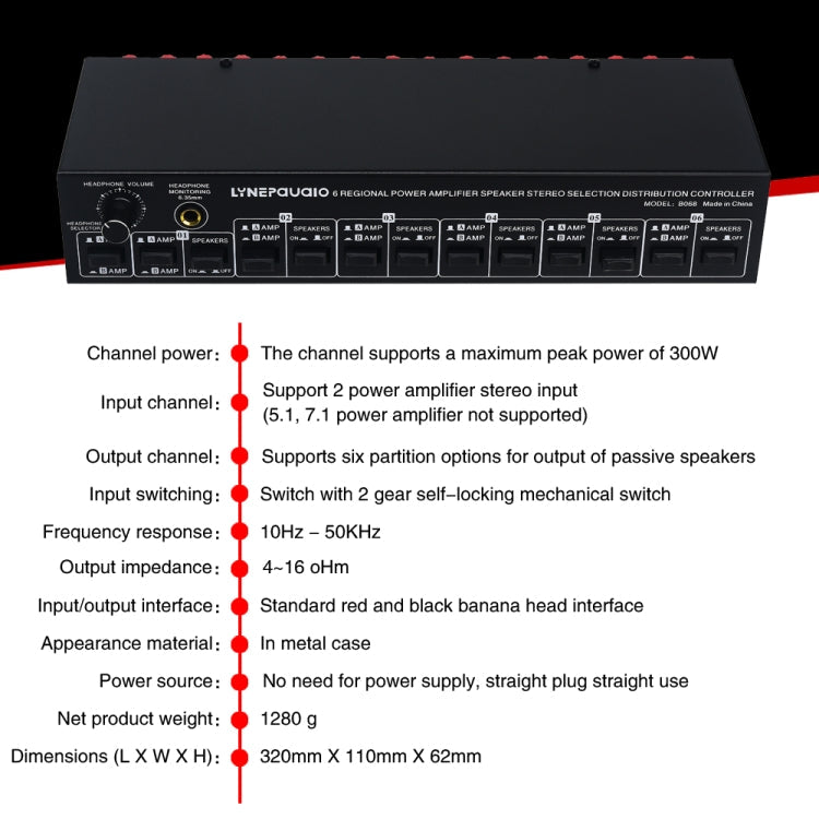 2 In 6 Out Power Amplifier Speaker Selector 6 Region Stereo Speaker Switcher