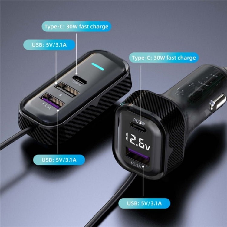 YQ6 PD 30W Fast Charging 2 x Type-C + 3 x USB Car Charger with 1.5m Extension Cable