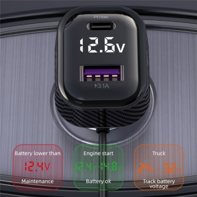 YQ6 PD 30W Fast Charging 2 x Type-C + 3 x USB Car Charger with 1.5m Extension Cable