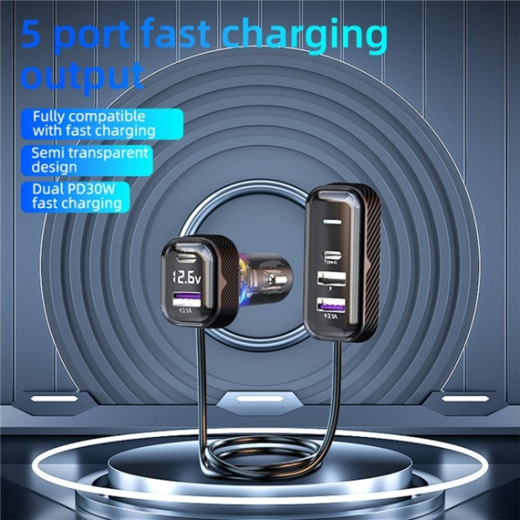 YQ6 PD 30W Fast Charging 2 x Type-C + 3 x USB Car Charger with 1.5m Extension Cable