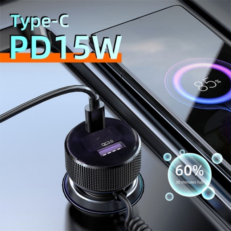 K18A PD 30W Retractable Type-C Cable USB+Type-C Dual Port Aluminum Alloy Car Charger