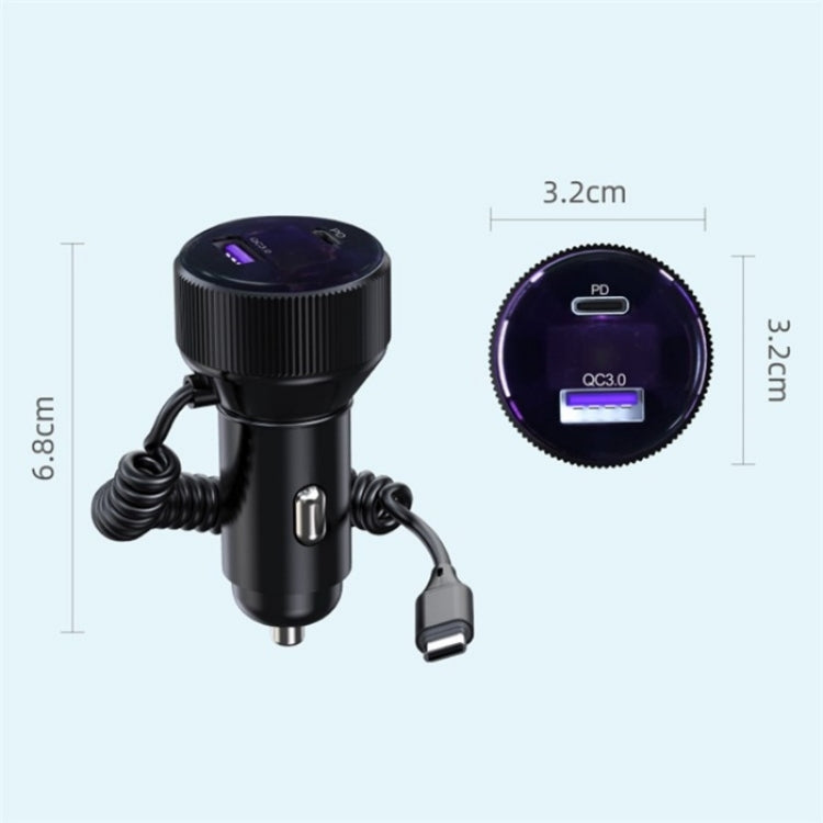 K18A PD 30W Retractable Type-C Cable USB+Type-C Dual Port Aluminum Alloy Car Charger