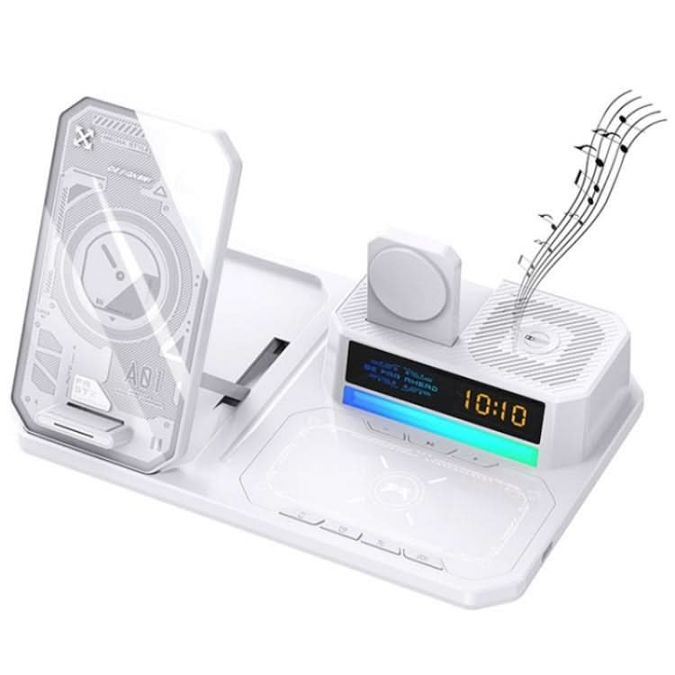 T50 5-in-1 Magnetic Wireless Charger Phone Watch Earphone Charging Stand with Clock & Speaker