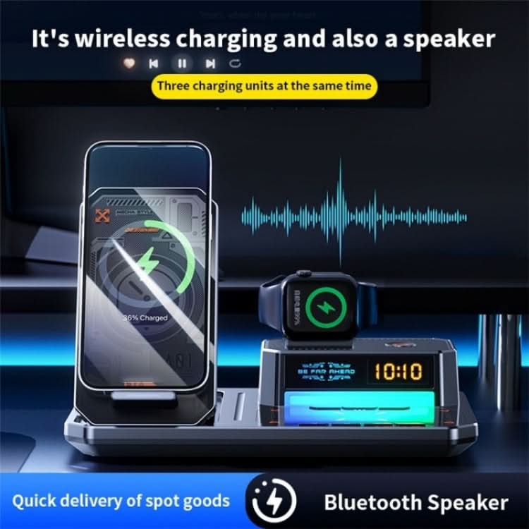 T50 5-in-1 Magnetic Wireless Charger Phone Watch Earphone Charging Stand with Clock & Speaker