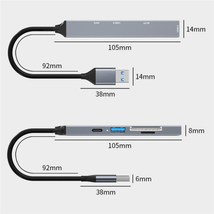 ADS-806A 5-in-1 Card Reader USB-A to USB3.0 + USB2.0 + Type-C + SD/TF Slot USB Hub