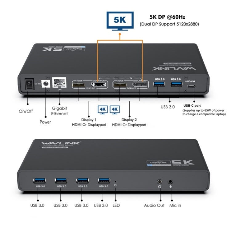 WAVLINK UG69PD6 Dual 4K Laptop Docking Station 5K HD Displaylink 65 / 100W PD Charging