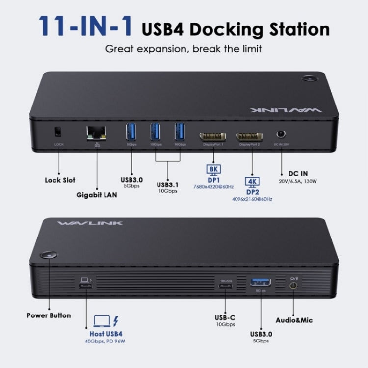 WAVLINK UTD22 Support 96W Laptop Charging USB4 Docking Station Dual Monitor USB-C Hub