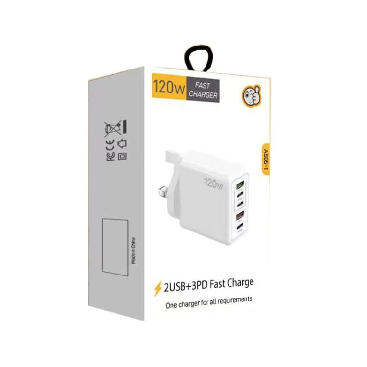 120W 3 PD Type-C Dual USB Multi Port Charger for Mobile Phones, UK Plug