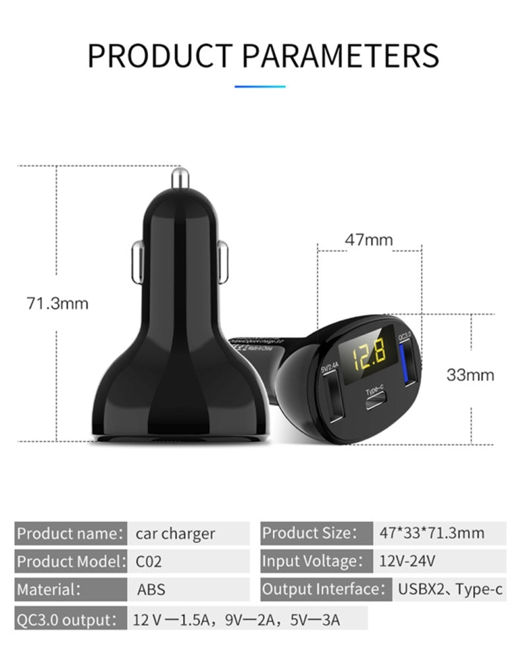 C02 Car Power Adapter in-car Phone Charger Type-C Fast Charger QC3.0 Dual USB Ports DC5V 2.4A 12V 24V Cigarette Lighter Power Supply