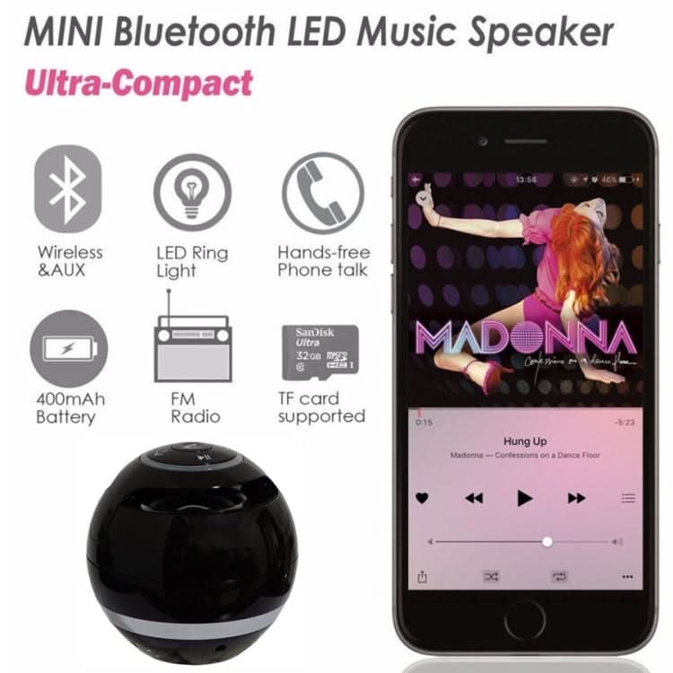 T&G A18 Ball Bluetooth Speaker with LED Light Portable Wireless Mini Speaker Mobile Music MP3 Subwoofer Support TF