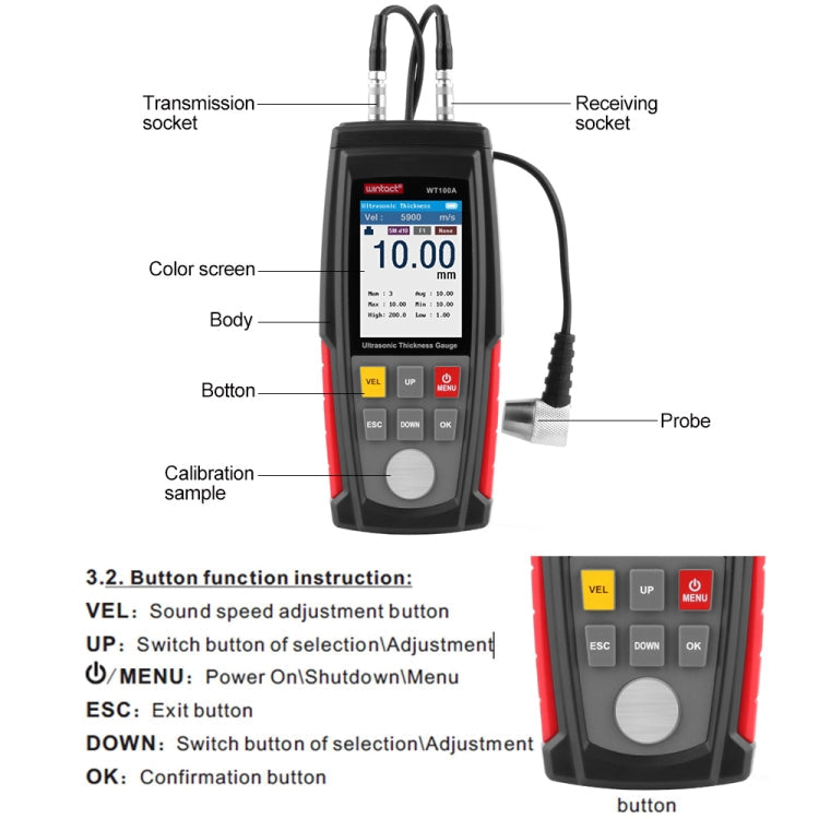 WT100A Digital Ultrasonic Thickness Gauge Meter Tester USB Charging Digital Thickness Metal Tester High Precision