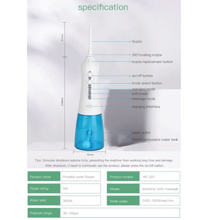 Wireless Water Floss Cleaner Portable 1400mAh USB-Rechargeable Water Flosser IPX7 Waterproof Oral Irrigator, Water Tannk Capacity: 300ML Reluova