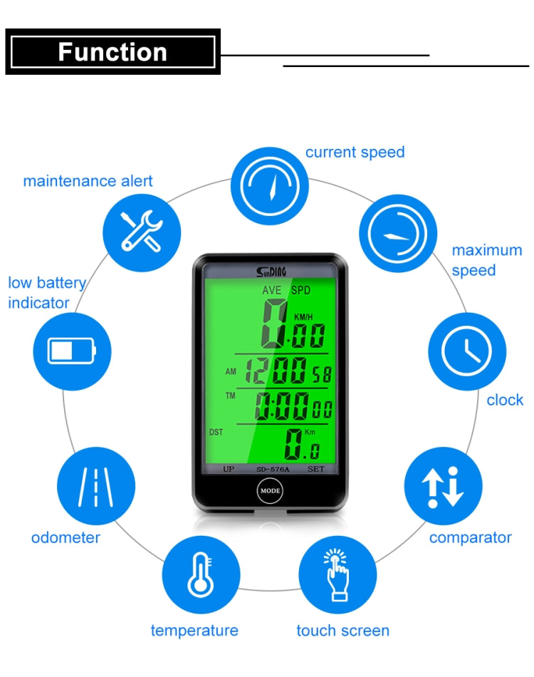 SUNDING SD-576A Waterproof Bike Cycling Odometer Stopwatch LED Digital Rate Speedometer Watch Reluova