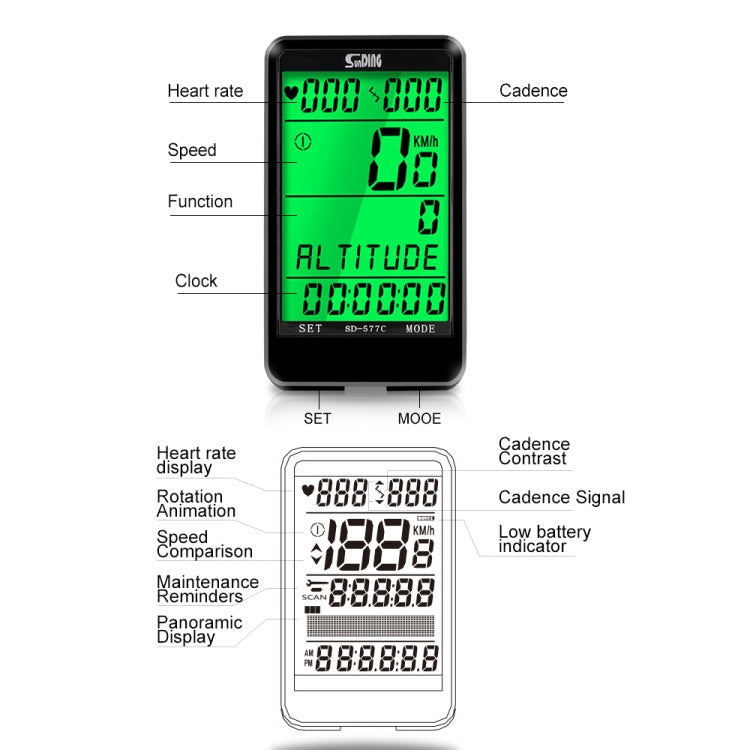 SUNDING SD-577C  Cycling Computer LCD Backlight Waterproof Wireless Stopwatch MTB Bike Odometer Stopwatch Bicycle Speedometer