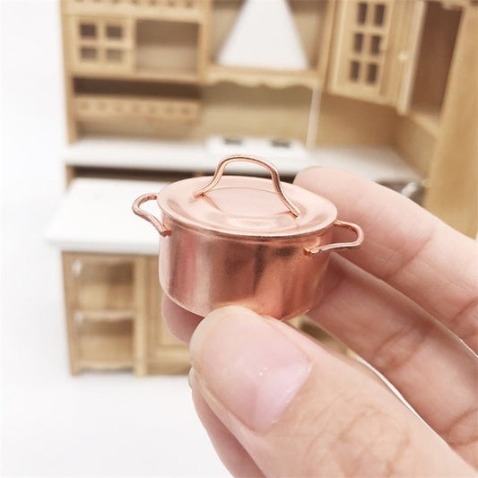 3 PCS Doll House Miniature Kitchen Copper Pot with Lid Children Educational Toys