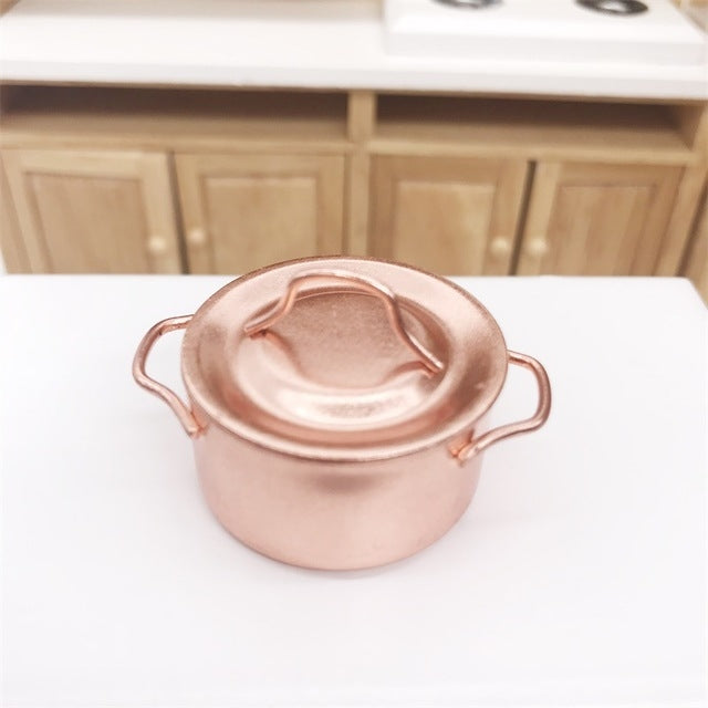 3 PCS Doll House Miniature Kitchen Copper Pot with Lid Children Educational Toys Reluova