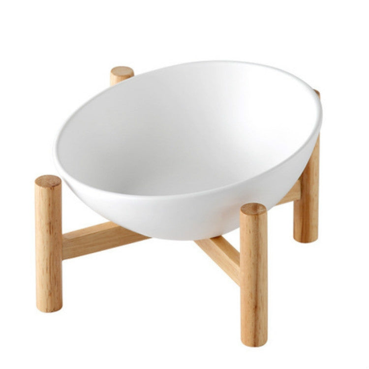 18cm/600ml Cat Dog Food Bowl Pet Ceramic Bowl, Style:Bowl With Wooden Stand(White)-Reluova