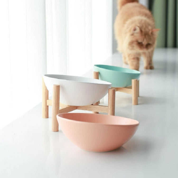 18cm/600ml Cat Dog Food Bowl Pet Ceramic Bowl, Style:Bowl With Wooden Stand(White)-Reluova