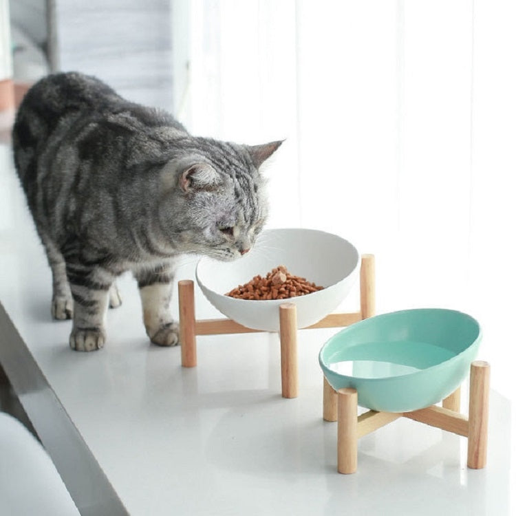 18cm/600ml Cat Dog Food Bowl Pet Ceramic Bowl, Style:Bowl With Wooden Stand(White)-Reluova