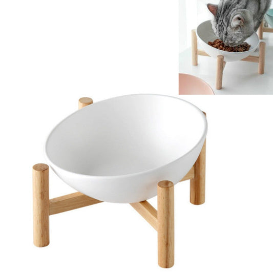 18cm/600ml Cat Dog Food Bowl Pet Ceramic Bowl, Style:Bowl With Wooden Stand(White)-Reluova