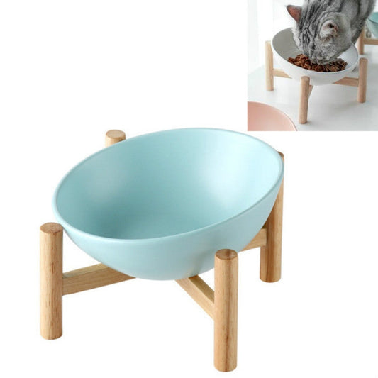 18cm/600ml Cat Dog Food Bowl Pet Ceramic Bowl, Style:Bowl With Wooden Stand(Blue)-Reluova