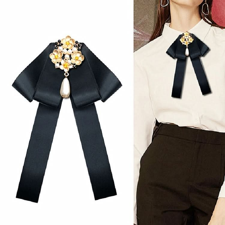 Ladies Retro Style Cloth Fabric Pearl Diamond Brooch Bow Tie Bow Clothing Accessories Reluova