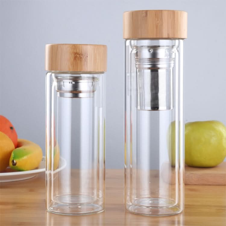 Glass Water Tea Bottles with Infuser Bamboo Lid Double Wall Brief Portable Outdoor Bottle - Reluova