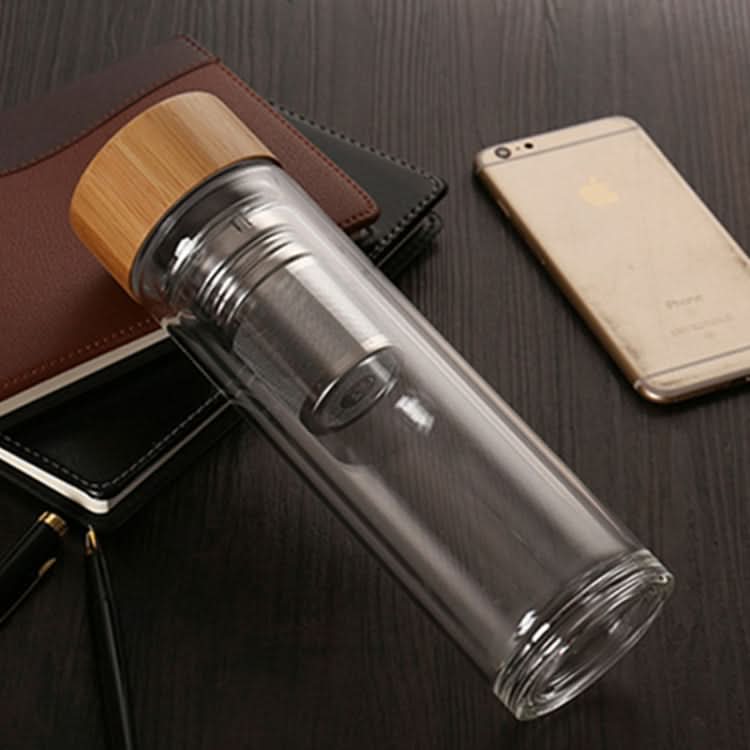 Glass Water Tea Bottles with Infuser Bamboo Lid Double Wall Brief Portable Outdoor Bottle - Reluova