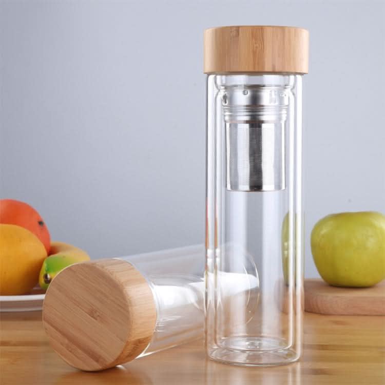 Glass Water Tea Bottles with Infuser Bamboo Lid Double Wall Brief Portable Outdoor Bottle - Reluova