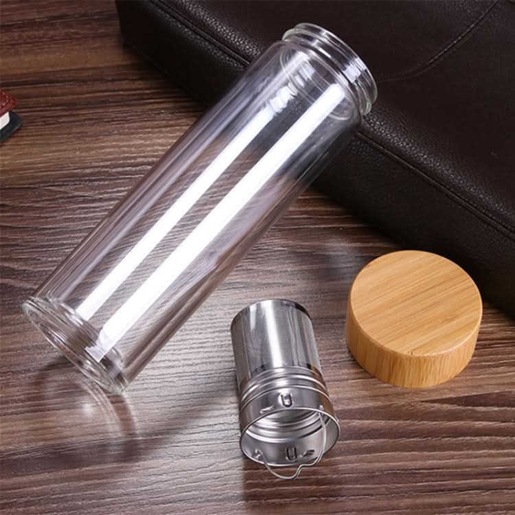 Glass Water Tea Bottles with Infuser Bamboo Lid Double Wall Brief Portable Outdoor Bottle - Reluova