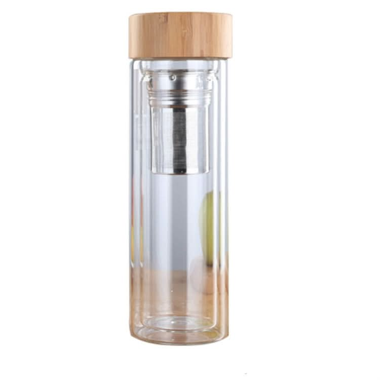 Glass Water Tea Bottles with Infuser Bamboo Lid Double Wall Brief Portable Outdoor Bottle - Reluova