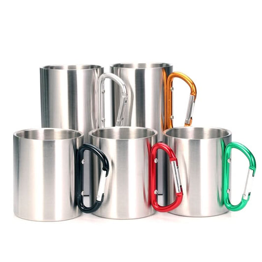 Stainless Steel Double Walled Water Mugs Coffee Cup with Carabiner Handle, Random Color Delivery - Reluova