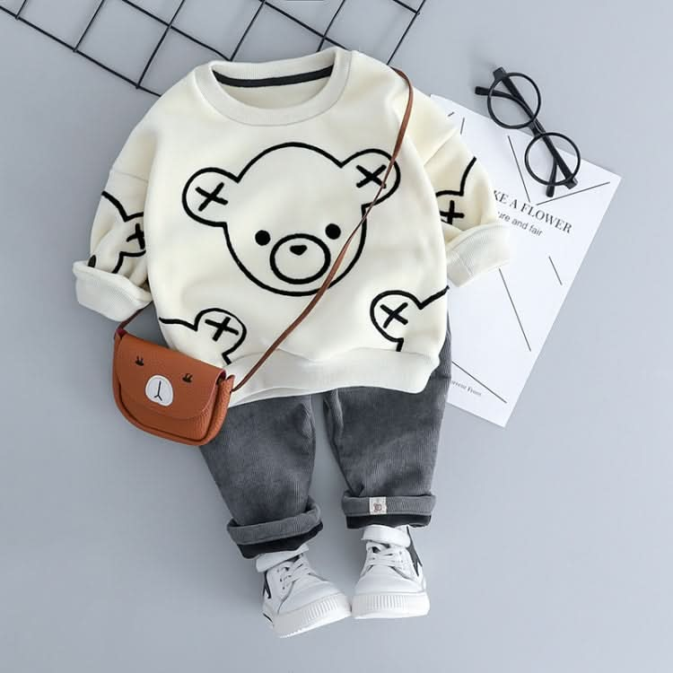 Autumn and Winter Fleece Cartoon Bear Pattern Children Long Sleeve Pullover Top + Pants Set Reluova