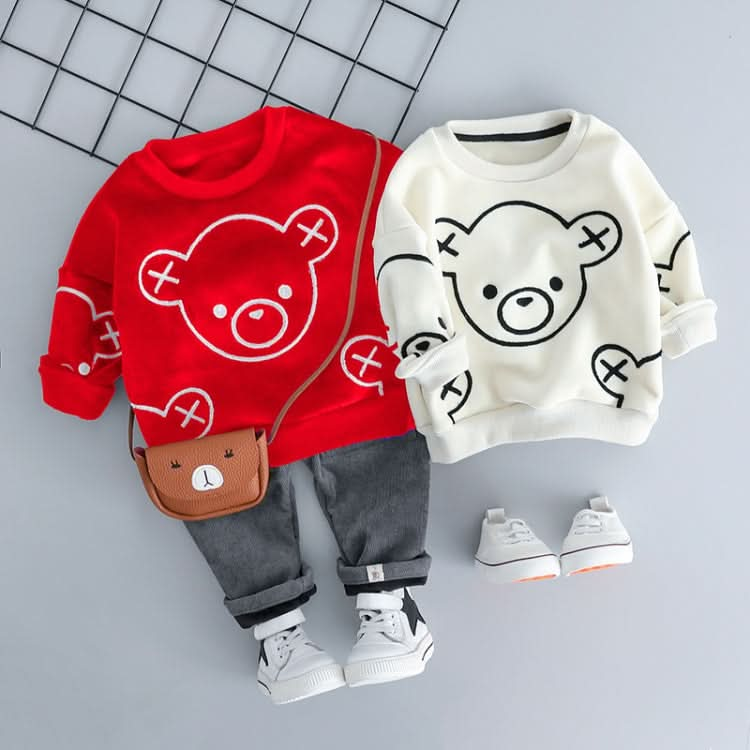 Autumn and Winter Fleece Cartoon Bear Pattern Children Long Sleeve Pullover Top + Pants Set Reluova