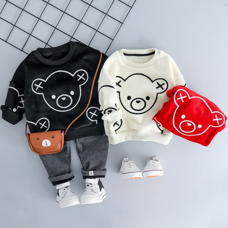 Autumn and Winter Fleece Cartoon Bear Pattern Children Long Sleeve Pullover Top + Pants Set Reluova