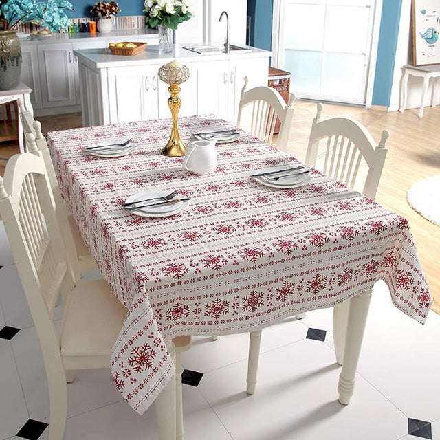 Linen Cotton Tablecloth Red Snowflakes Pattern Table Cloth Wedding Banquet Washable Table Cover Textiles