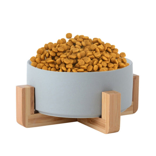 13cm/400ml Cat Bowl Dog Pot Pet Ceramic Bowl, Style:Single Bowl With Wooden Stand(Gray)-Reluova