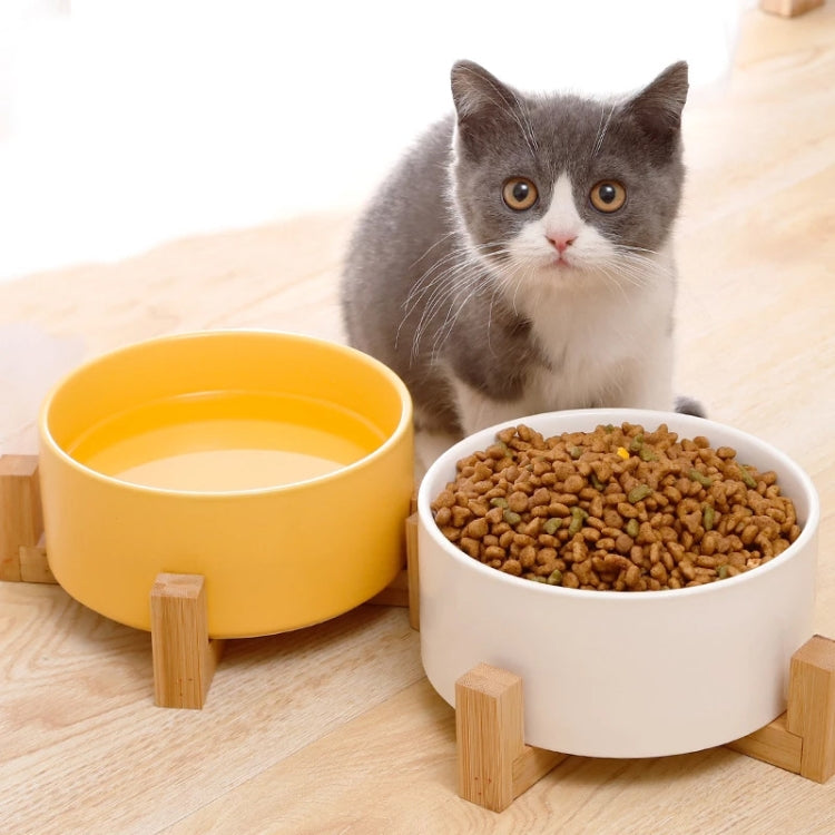 13cm/400ml Cat Bowl Dog Pot Pet Ceramic Bowl, Style:Single Bowl With Wooden Stand(Gray)-Reluova