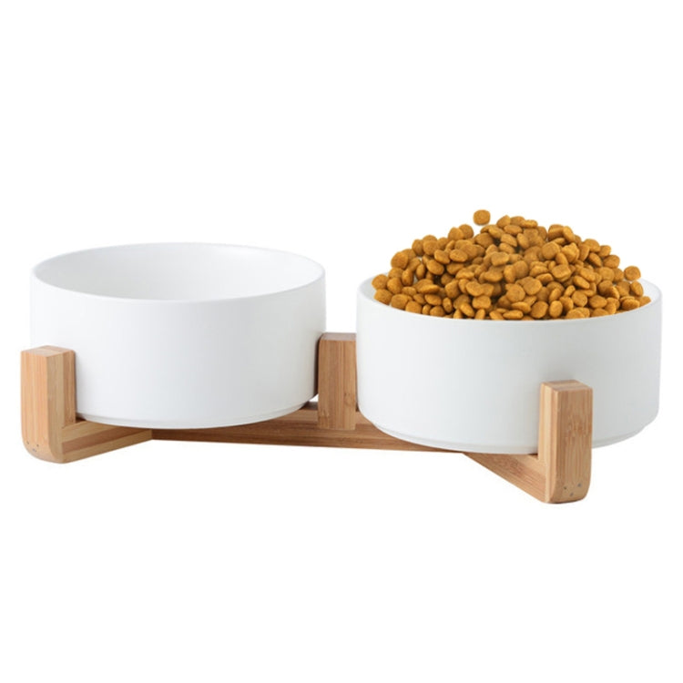 13cm/400ml Cat Bowl Dog Pot Pet Ceramic Bowl, Style:Double Bowl With Wooden Stand(White)-Reluova