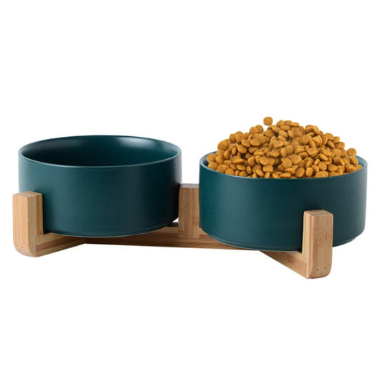 13cm/400ml Cat Bowl Dog Pot Pet Ceramic Bowl, Style:Double Bowl With Wooden Stand(Green)-Reluova