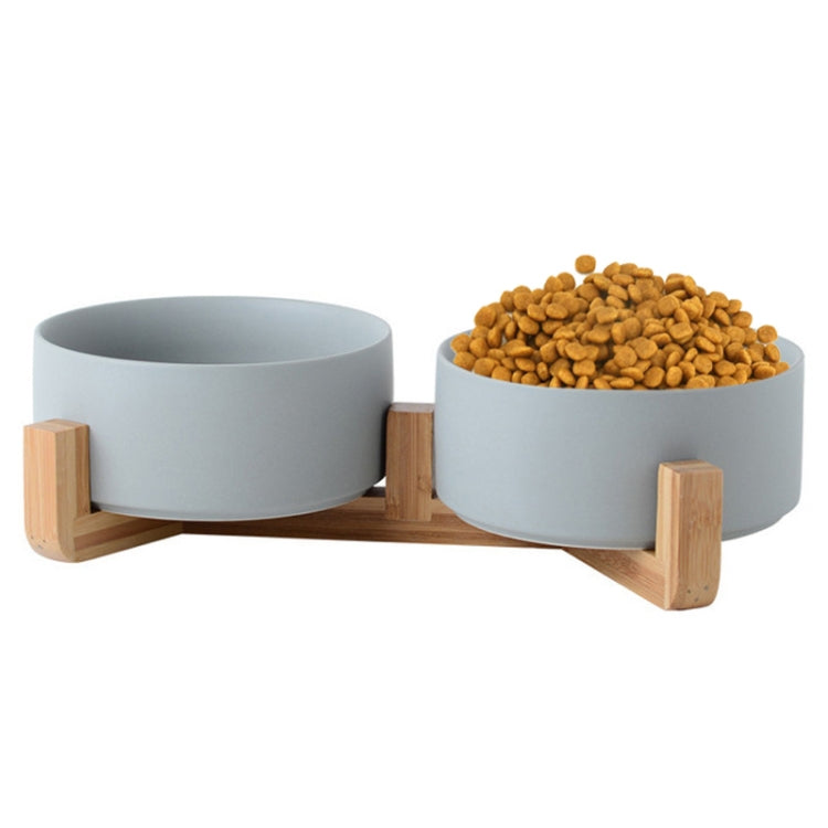 13cm/400ml Cat Bowl Dog Pot Pet Ceramic Bowl, Style:Double Bowl With Wooden Stand(Gray)-Reluova