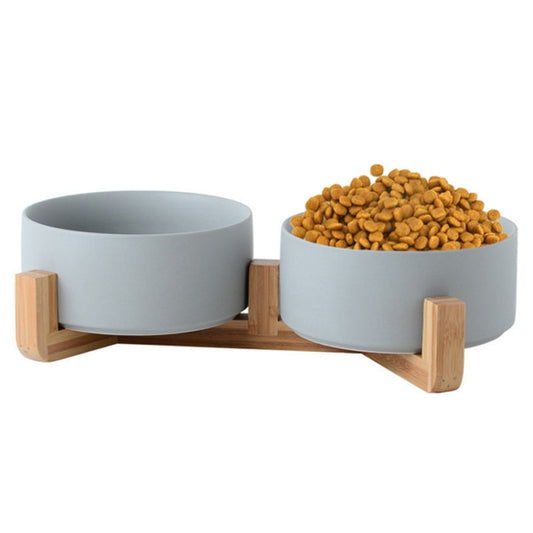 13cm/400ml Cat Bowl Dog Pot Pet Ceramic Bowl, Style:Double Bowl With Wooden Stand(Gray)-Reluova