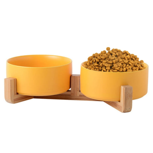 13cm/400ml Cat Bowl Dog Pot Pet Ceramic Bowl, Style:Double Bowl With Wooden Stand(Yellow)-Reluova