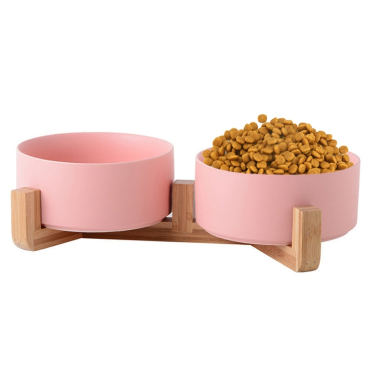 13cm/400ml Cat Bowl Dog Pot Pet Ceramic Bowl, Style:Double Bowl With Wooden Stand(Pink)-Reluova